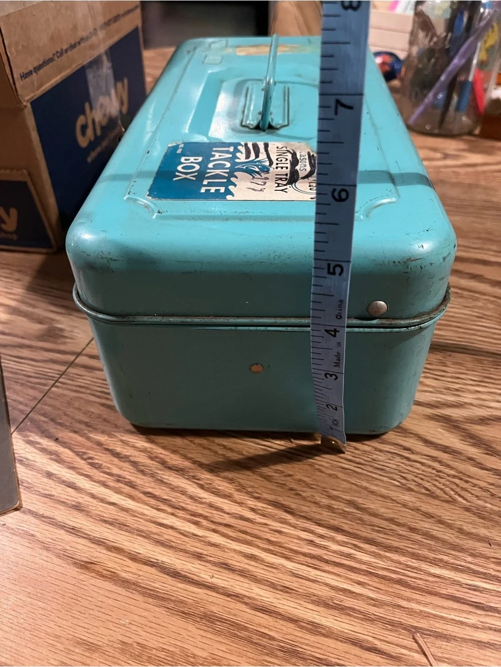 Vintage Teal Blue Metal Storage tackle box with divider Tray
